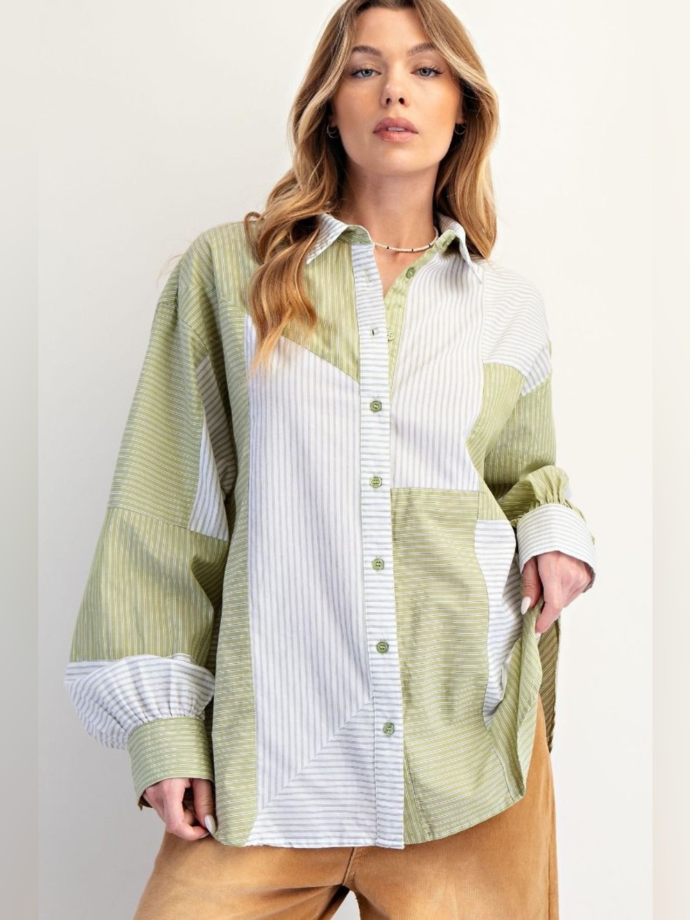 NWOT easel Olive Green and White Patchwork Button-Down Shirt